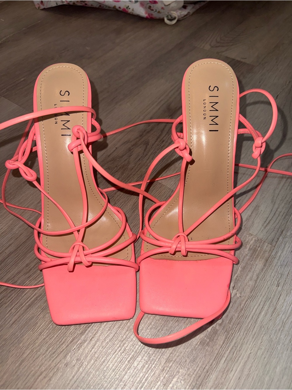 Coral Pink Lace-Up Square-Toe Heels
